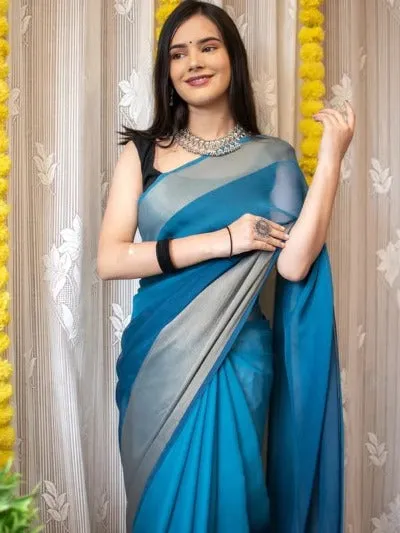 1 Min Blue Soft Chiffon Silk Stitched Readymade Saree