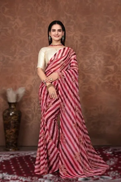 1 Min Pink & Red Georgette Leheriya Print Stitched Readymade Saree