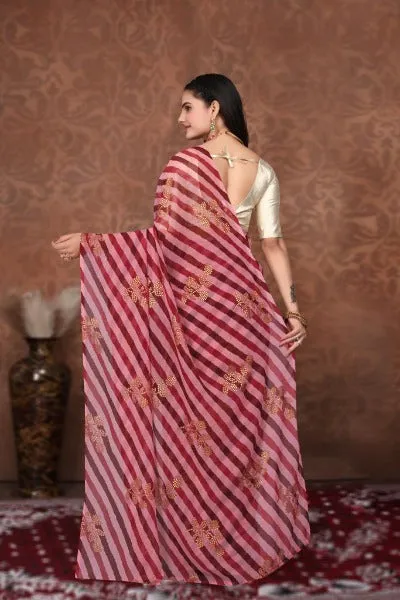 1 Min Pink & Red Georgette Leheriya Print Stitched Readymade Saree