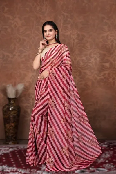 1 Min Pink & Red Georgette Leheriya Print Stitched Readymade Saree