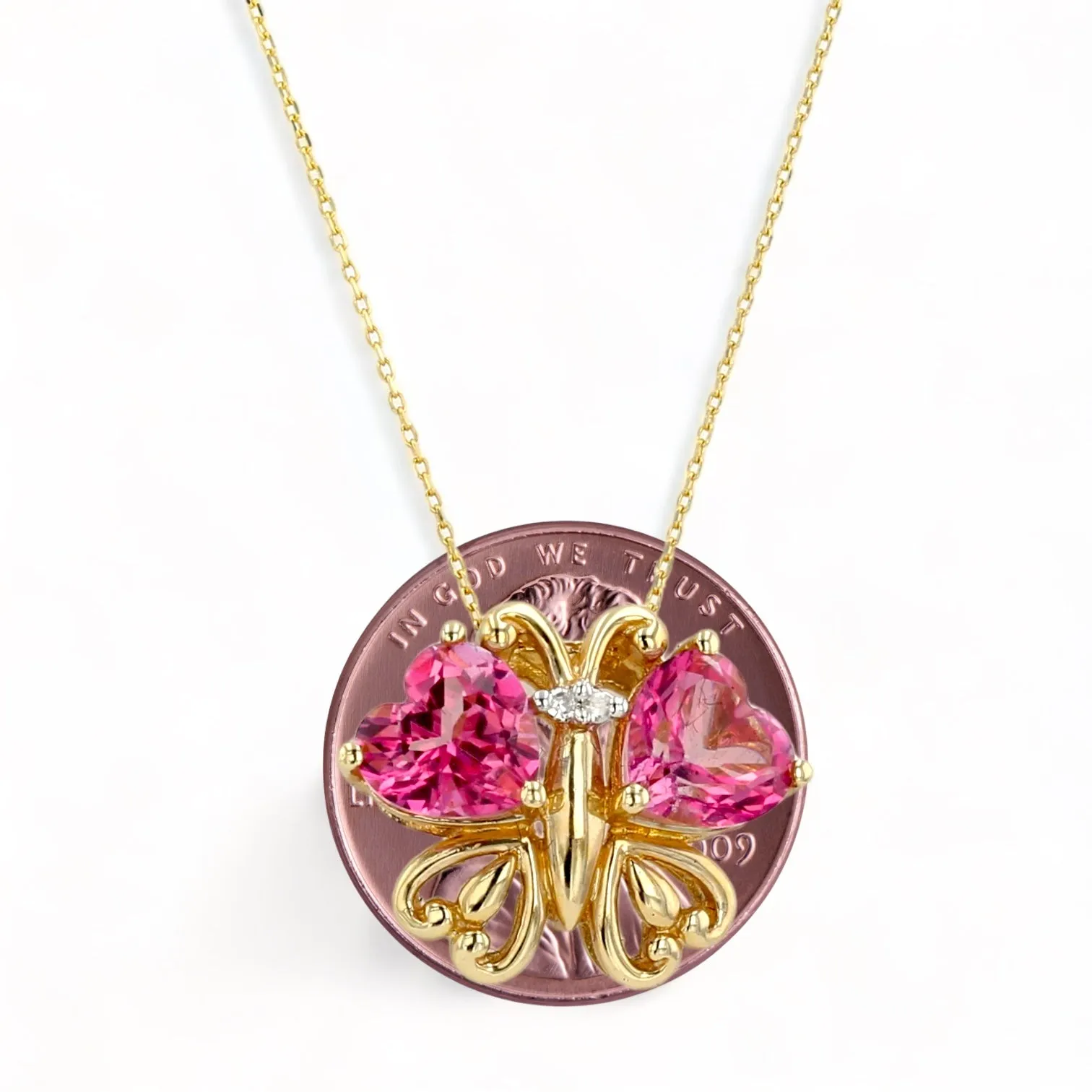 14K Yellow gold pink topaz with diamonds necklace-13255