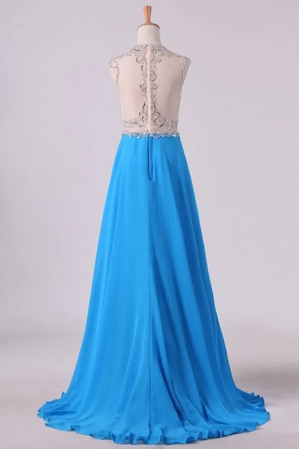 2024 Scoop A Line Prom Dresses Beaded Bodice Chiffon & Tulle PKLD84C8