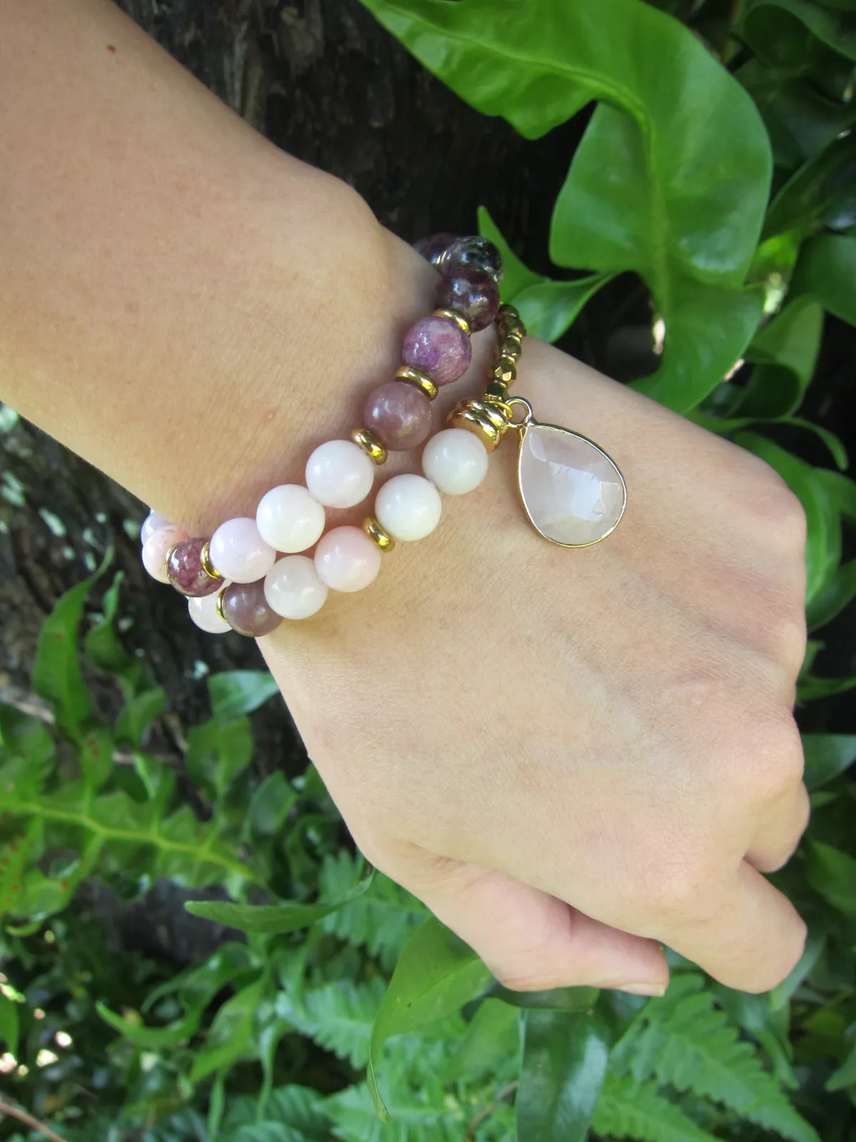 27 Bead Mala Bracelet in Plum Tourmaline, Pink Opal, Rose Quartz   Lepidolite