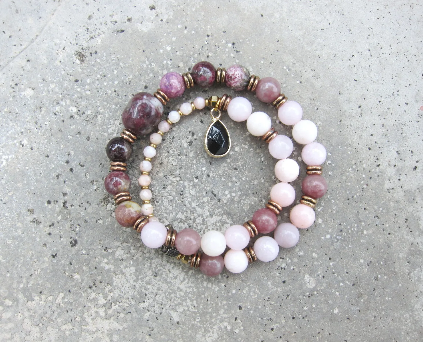 27 Bead Mala Bracelet in Plum Tourmaline, Pink Opal, Rose Quartz   Lepidolite