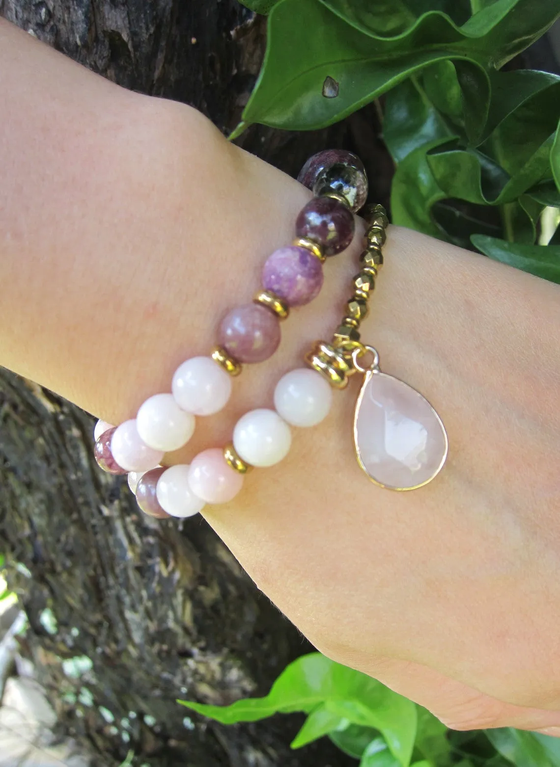 27 Bead Mala Bracelet in Plum Tourmaline, Pink Opal, Rose Quartz   Lepidolite