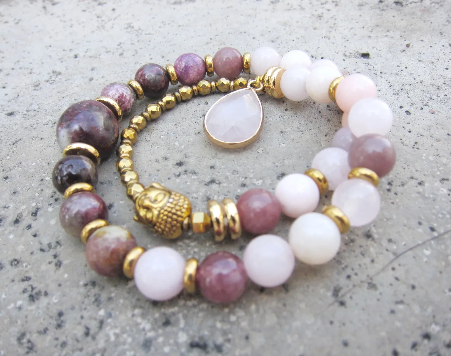 27 Bead Mala Bracelet in Plum Tourmaline, Pink Opal, Rose Quartz   Lepidolite