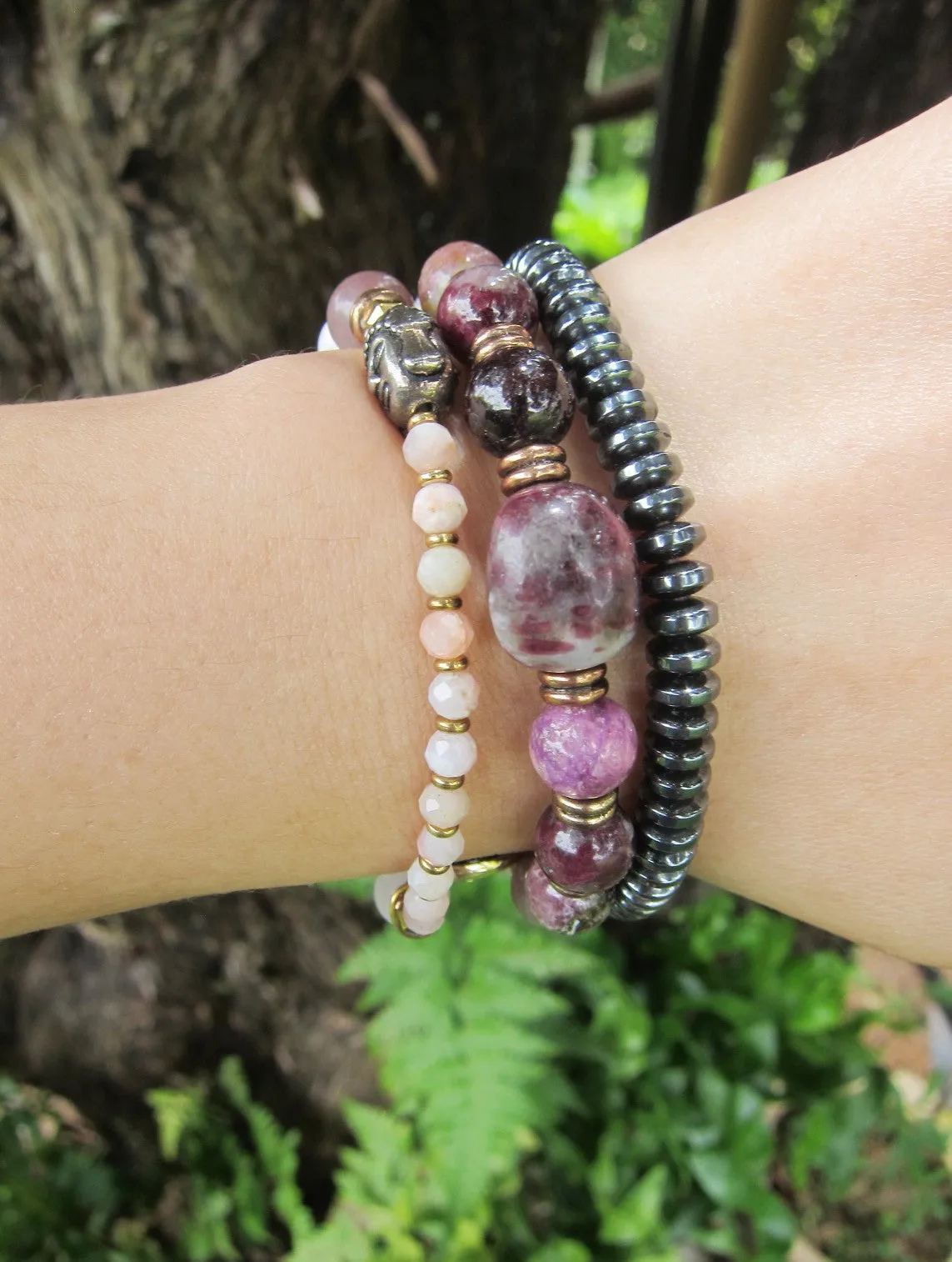 27 Bead Mala Bracelet in Plum Tourmaline, Pink Opal, Rose Quartz   Lepidolite