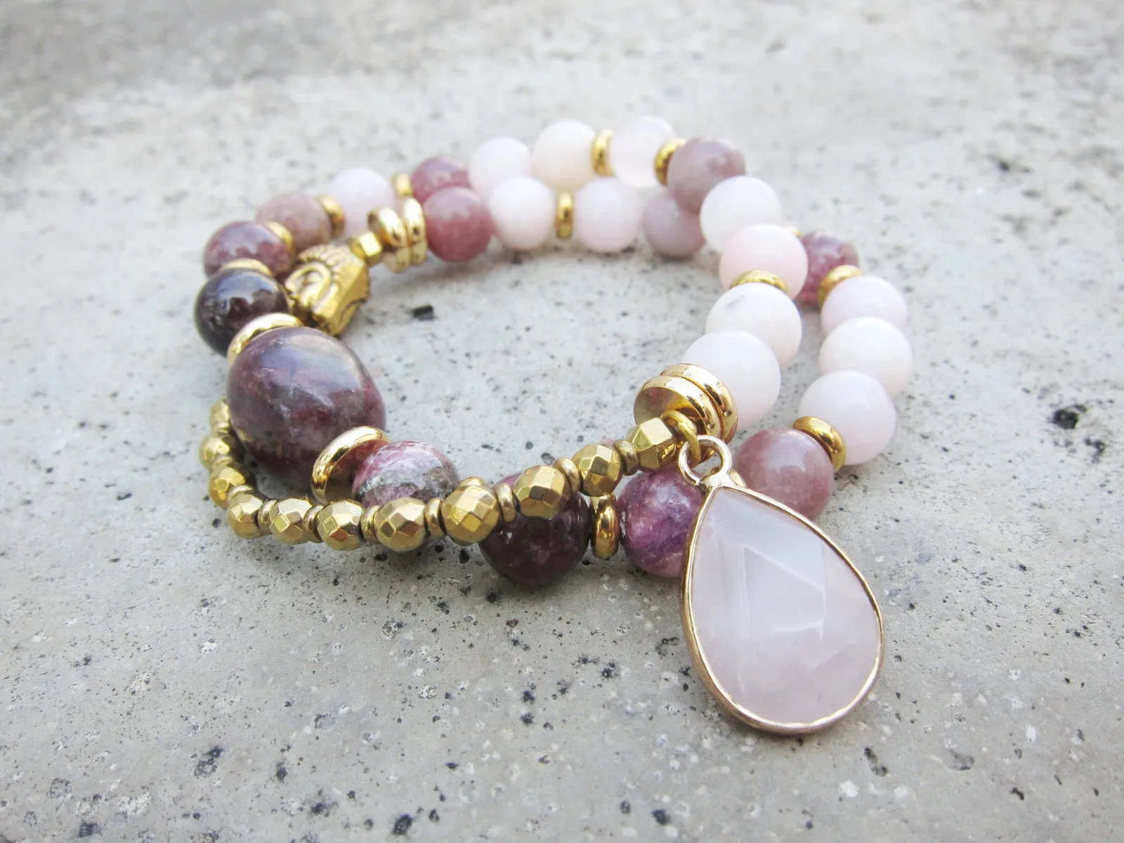 27 Bead Mala Bracelet in Plum Tourmaline, Pink Opal, Rose Quartz   Lepidolite