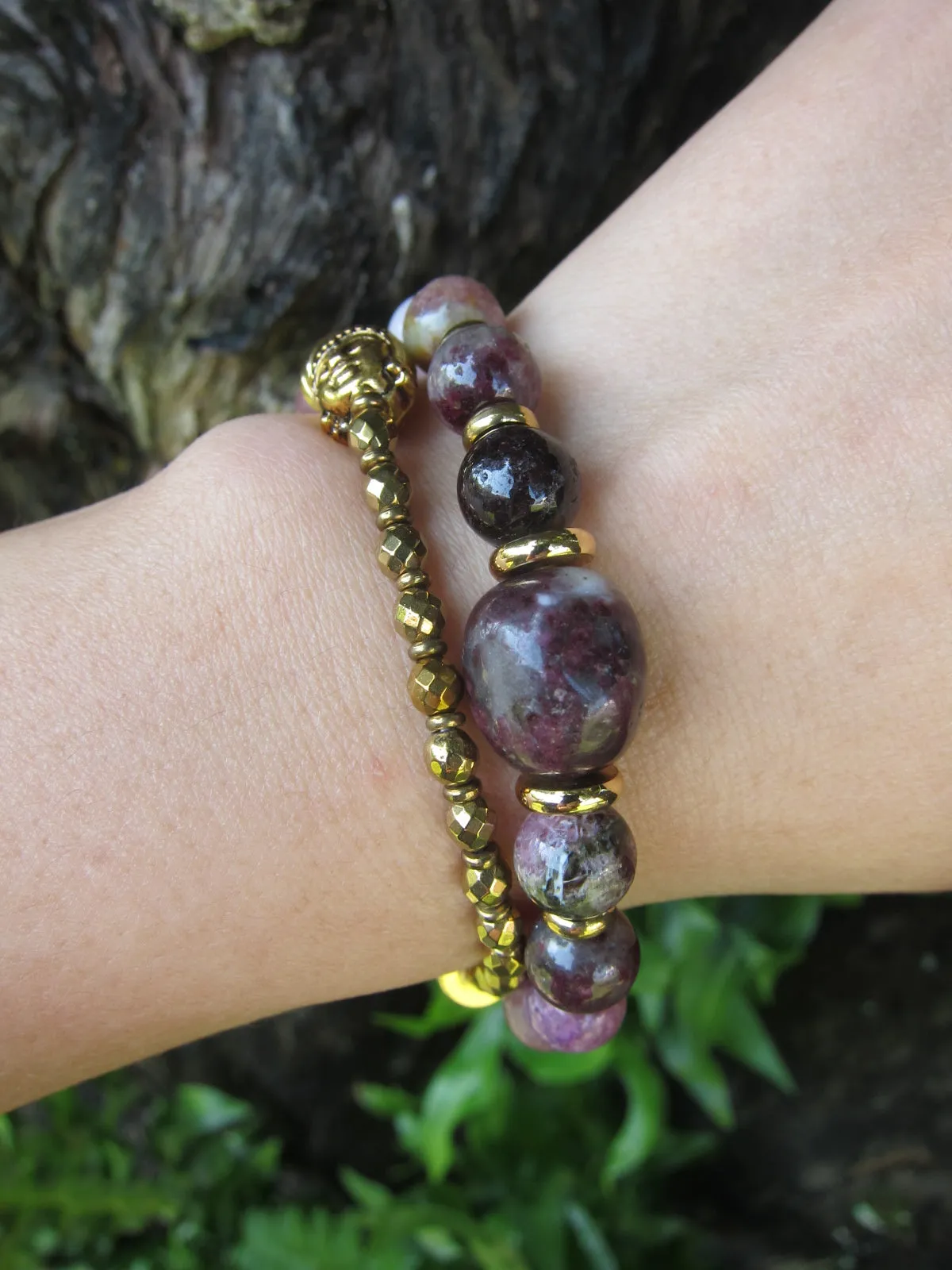 27 Bead Mala Bracelet in Plum Tourmaline, Pink Opal, Rose Quartz   Lepidolite