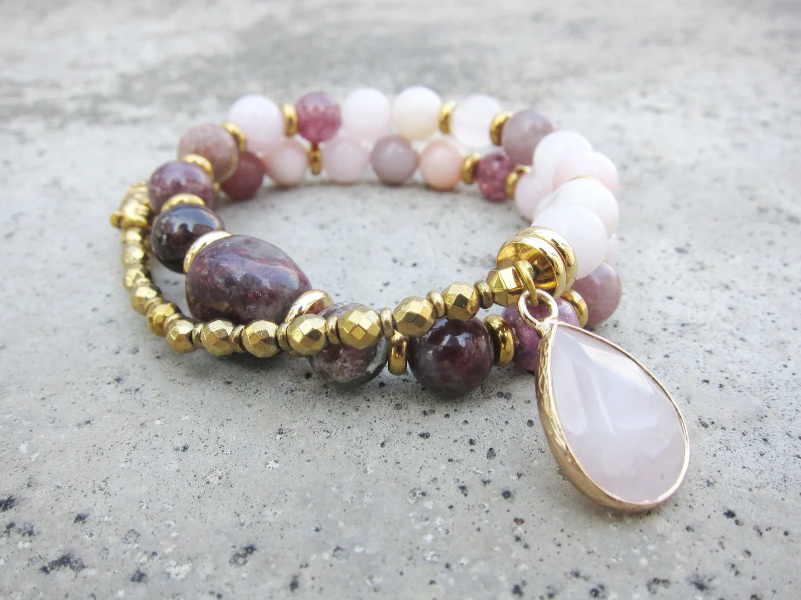 27 Bead Mala Bracelet in Plum Tourmaline, Pink Opal, Rose Quartz   Lepidolite