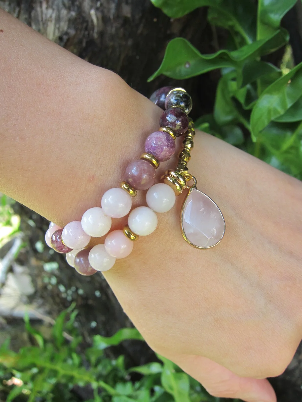 27 Bead Mala Bracelet in Plum Tourmaline, Pink Opal, Rose Quartz   Lepidolite