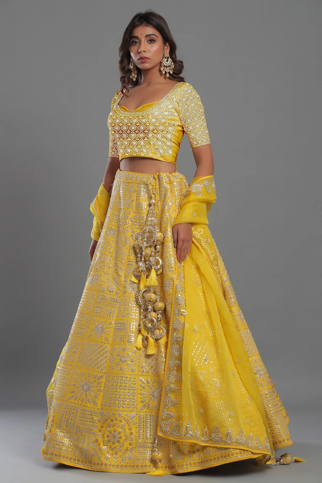 30Z223A-RO Yellow Embroidered Silk Lehenga Set With Chickan Work Blouse