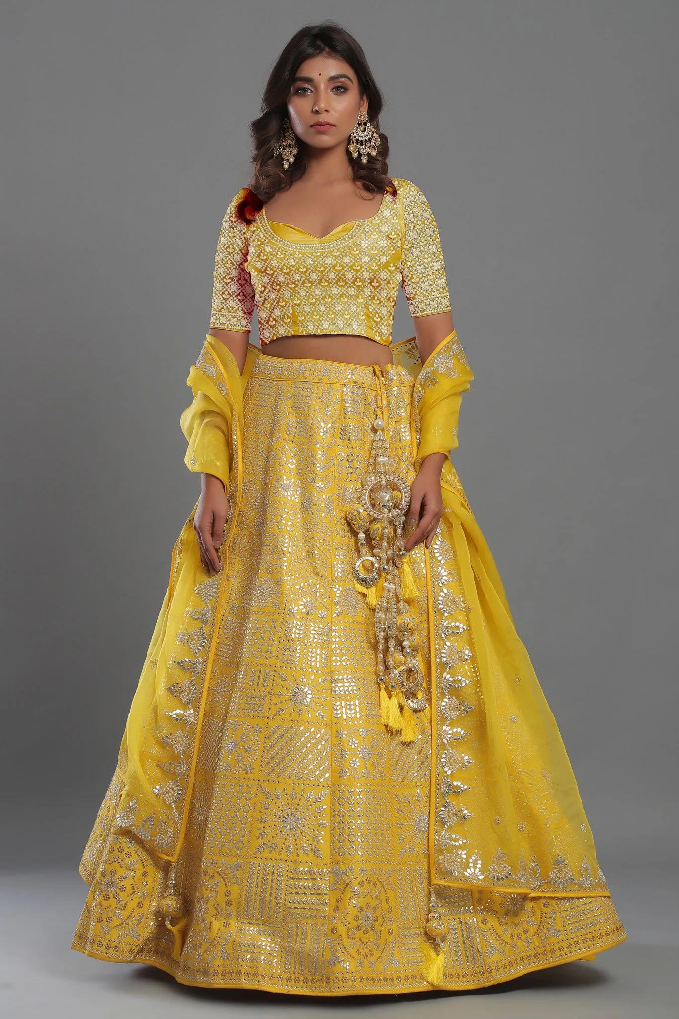 30Z223A-RO Yellow Embroidered Silk Lehenga Set With Chickan Work Blouse