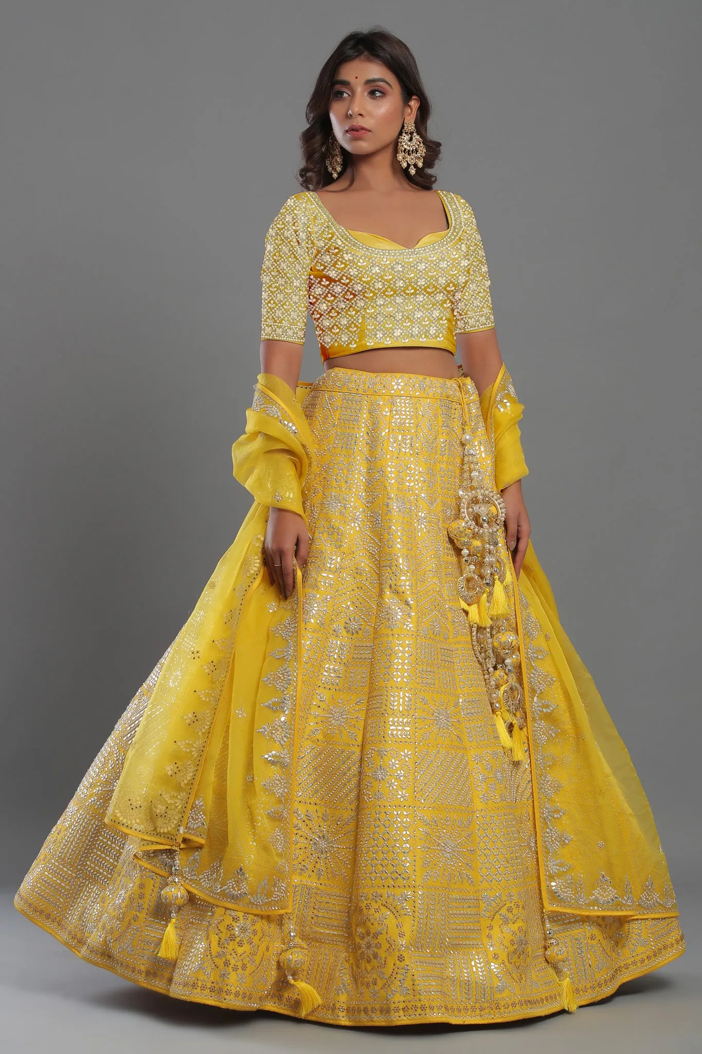 30Z223A-RO Yellow Embroidered Silk Lehenga Set With Chickan Work Blouse