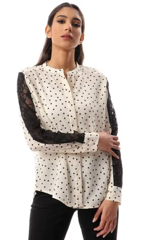 56914 Polka Dots Shirt With Lace Sleeves - Cream