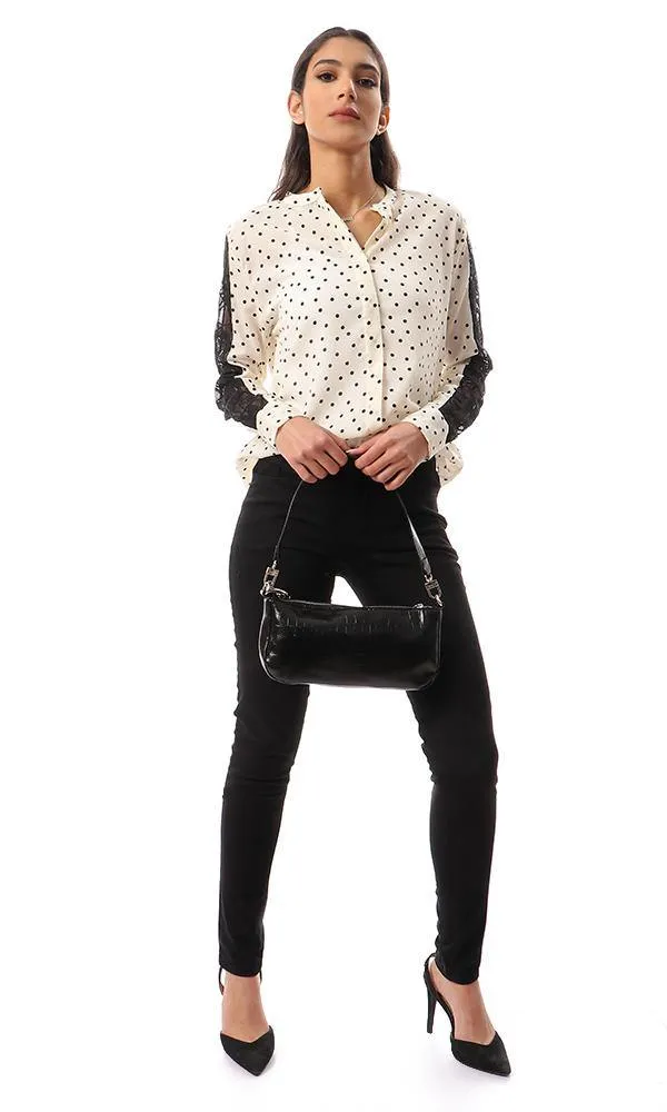 56914 Polka Dots Shirt With Lace Sleeves - Cream