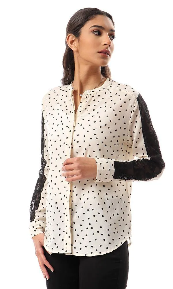 56914 Polka Dots Shirt With Lace Sleeves - Cream