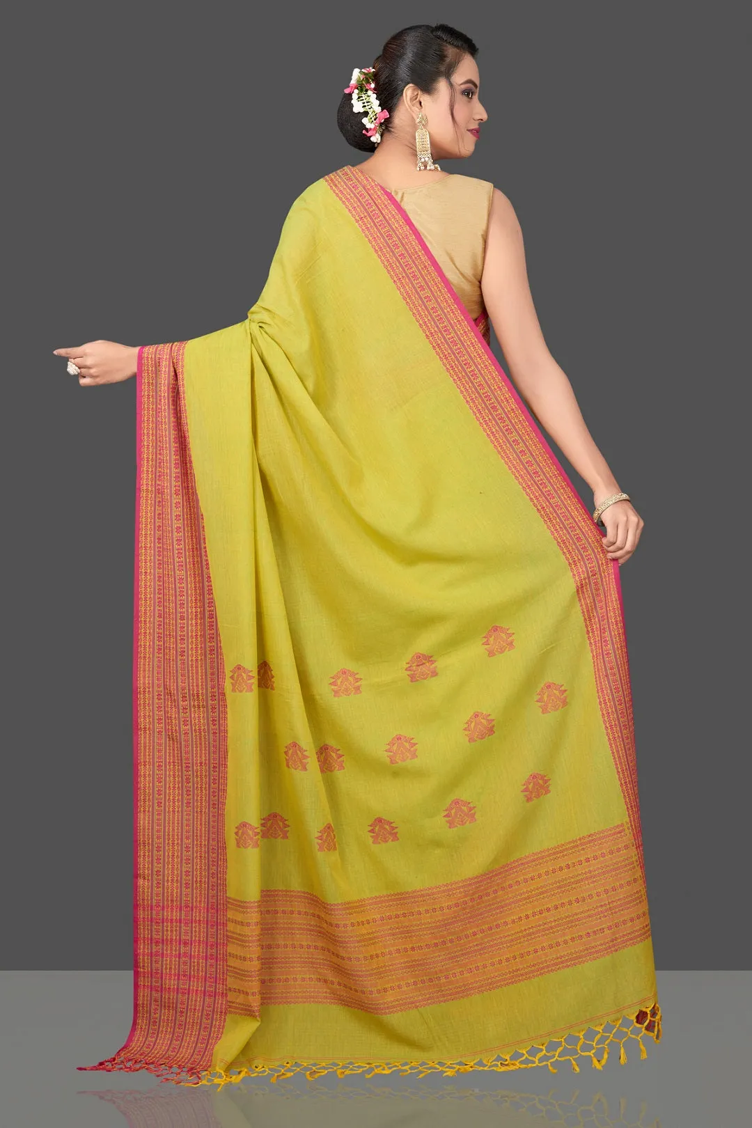 90K450-NRO Green Cotton Saree with Pink Assam Design Pallu