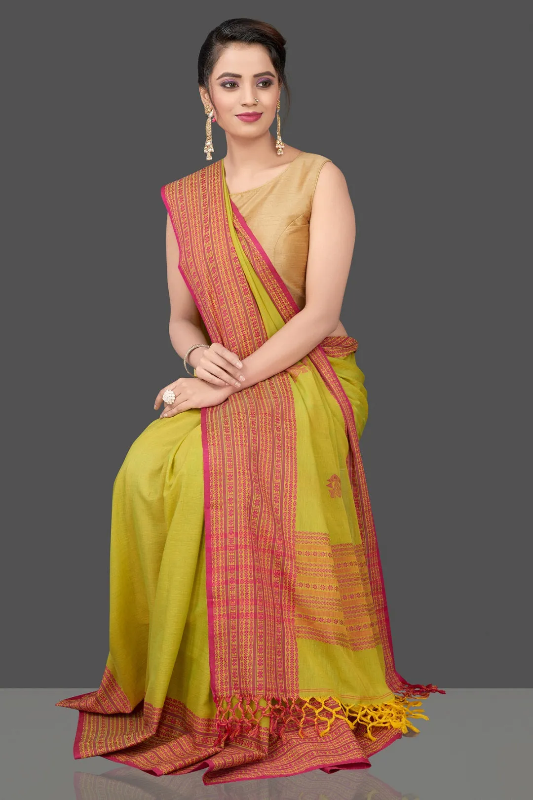 90K450-NRO Green Cotton Saree with Pink Assam Design Pallu