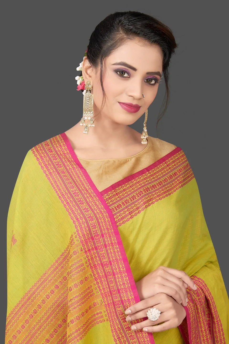 90K450-NRO Green Cotton Saree with Pink Assam Design Pallu