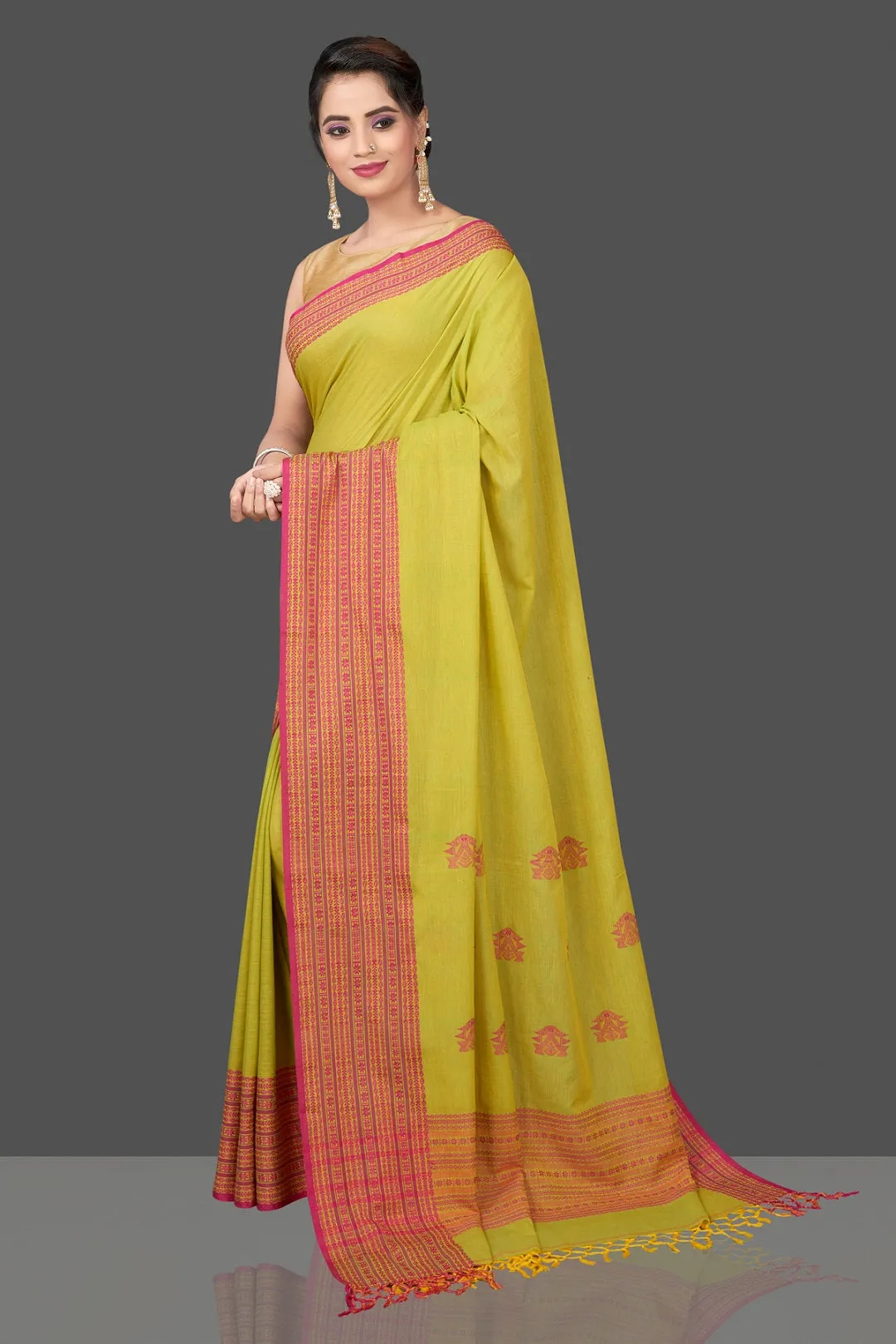 90K450-NRO Green Cotton Saree with Pink Assam Design Pallu