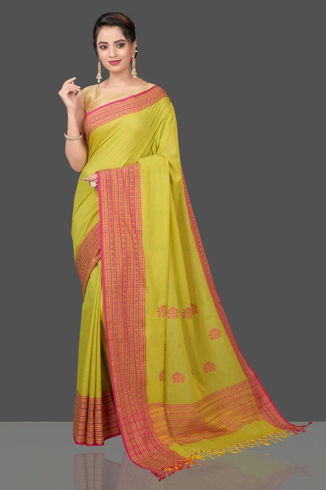 90K450-NRO Green Cotton Saree with Pink Assam Design Pallu