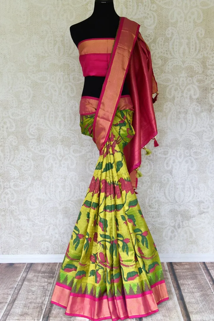 90L626 Pista Green Floral Print Gadhwal Silk Saree with Pink Zari Border