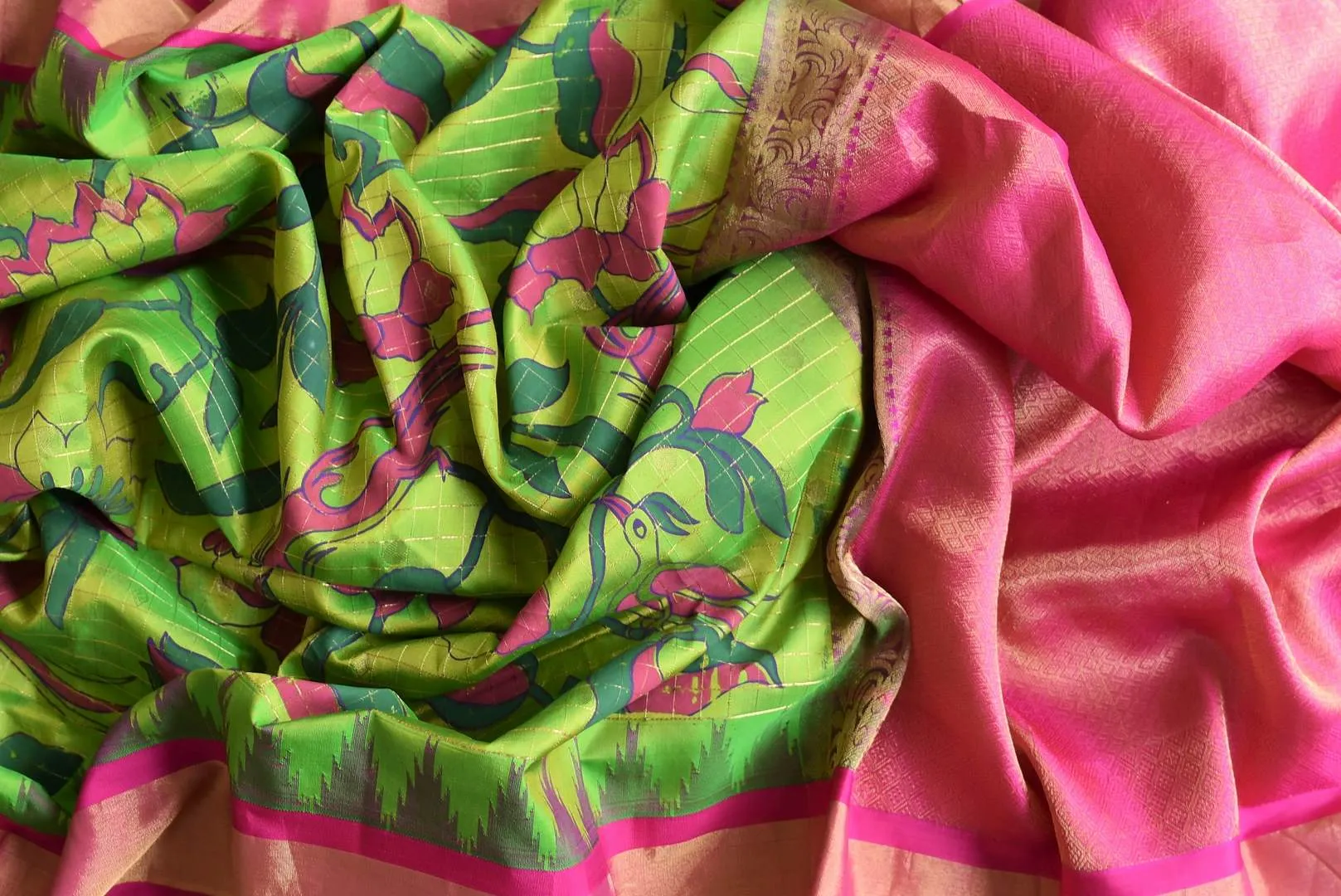 90L626 Pista Green Floral Print Gadhwal Silk Saree with Pink Zari Border