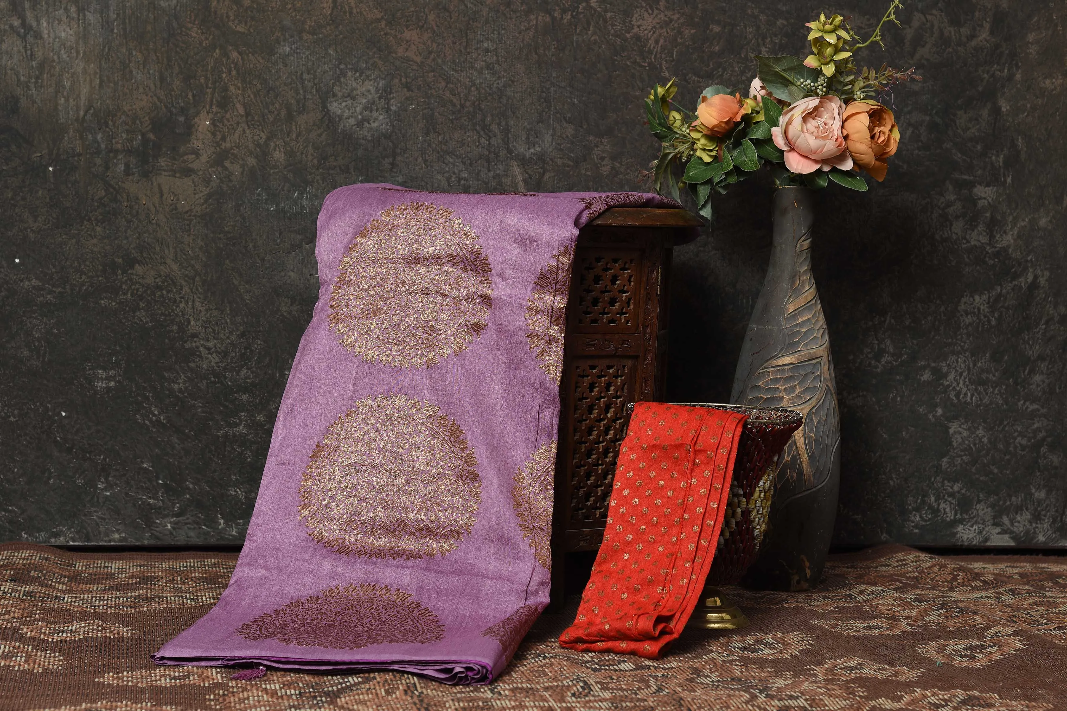 90N478-RO Lavender Banarasi Saree with Antique Zari Motifs