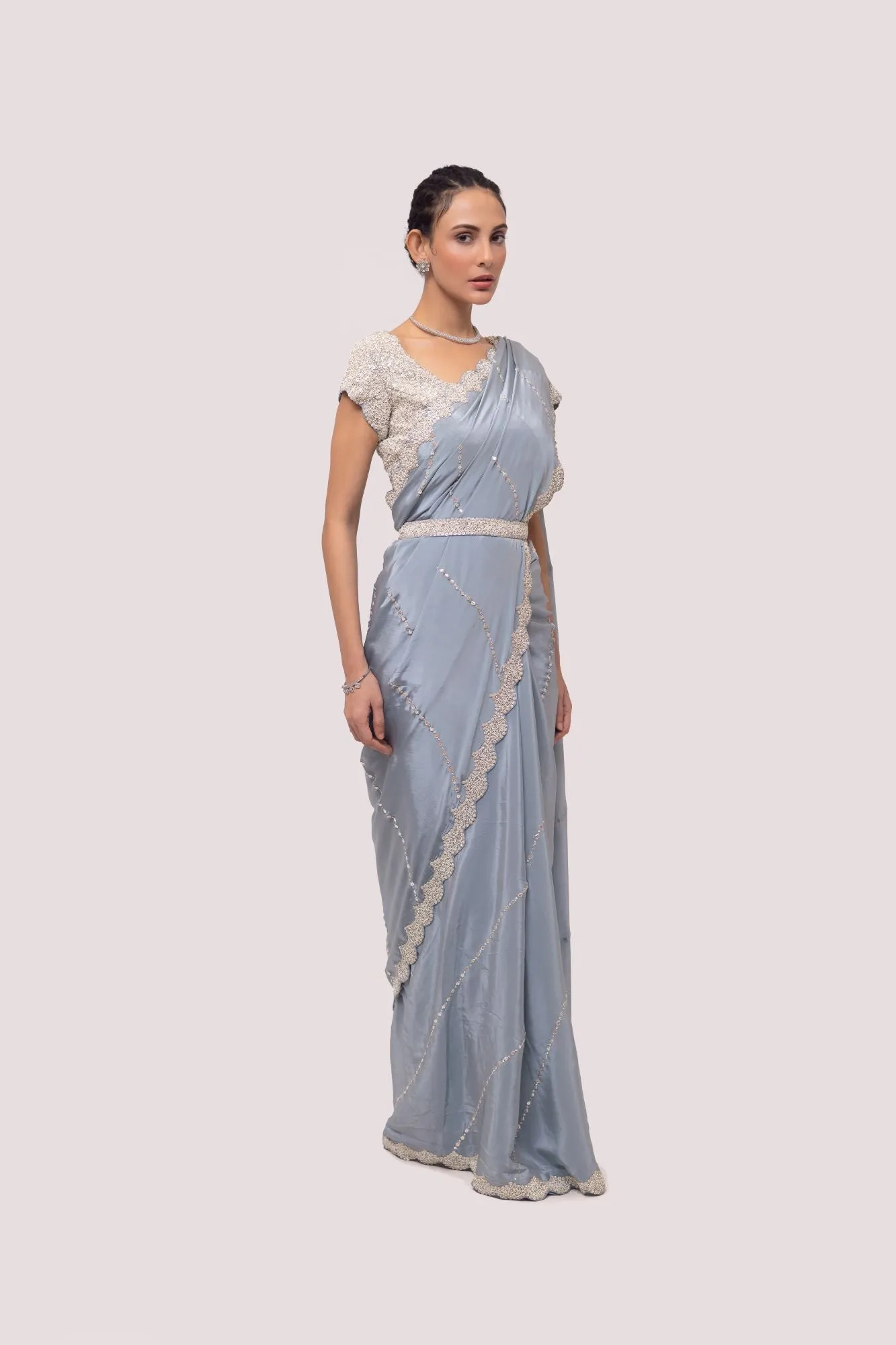 90Z823-RO Blue Sequin Embroidered Saree With Sleeves Blouse