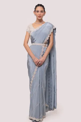 90Z823-RO Blue Sequin Embroidered Saree With Sleeves Blouse