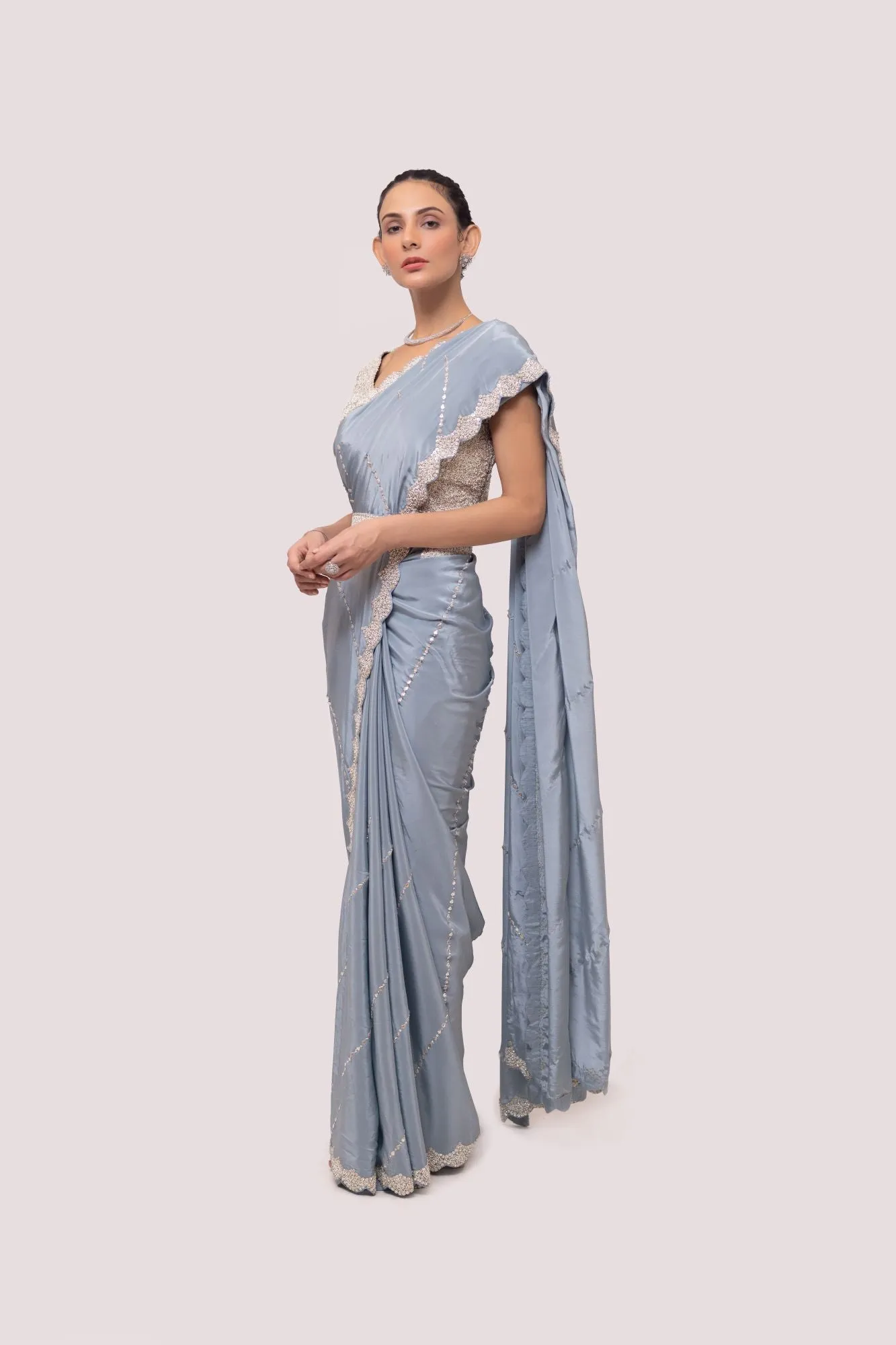 90Z823-RO Blue Sequin Embroidered Saree With Sleeves Blouse