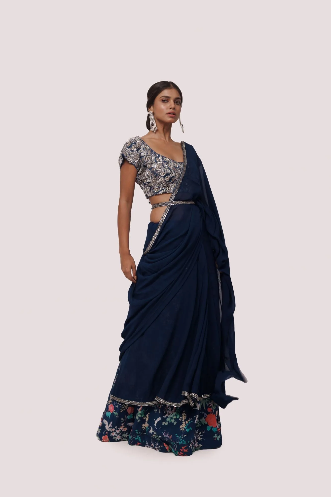 90Z828-RO Navy Georgette Embroidered Saree With Blouse