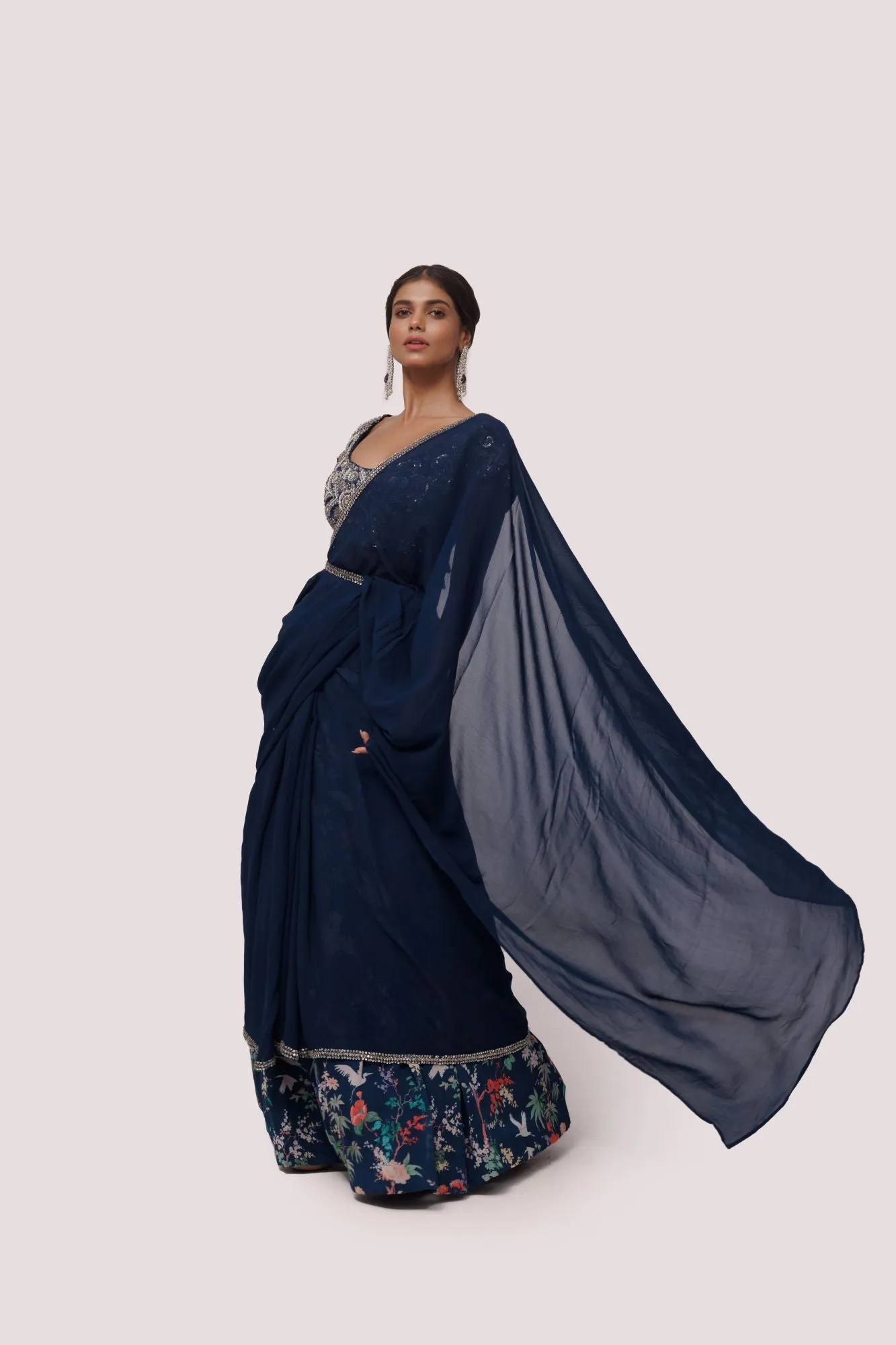 90Z828-RO Navy Georgette Embroidered Saree With Blouse