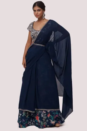 90Z828-RO Navy Georgette Embroidered Saree With Blouse