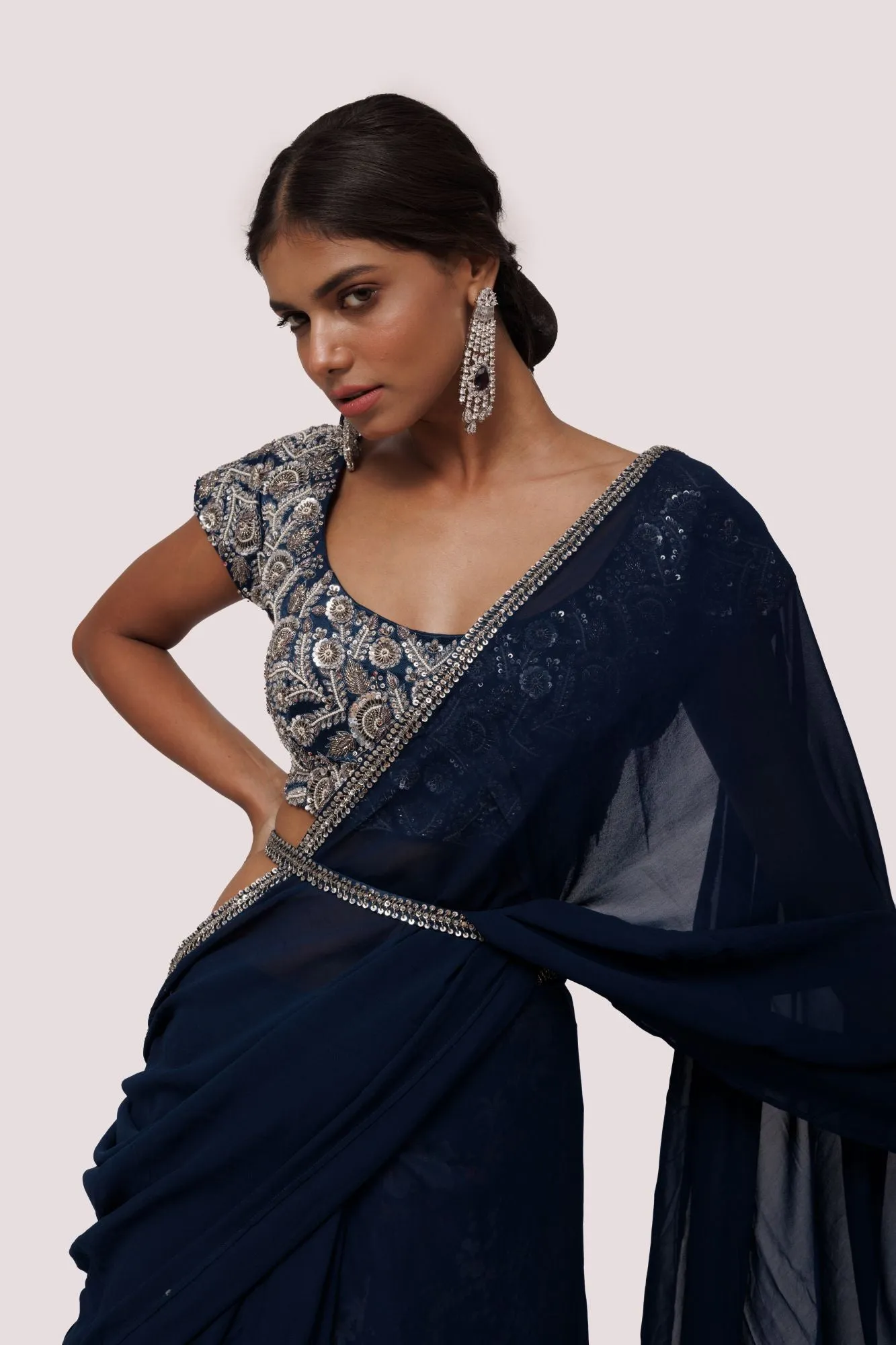 90Z828-RO Navy Georgette Embroidered Saree With Blouse