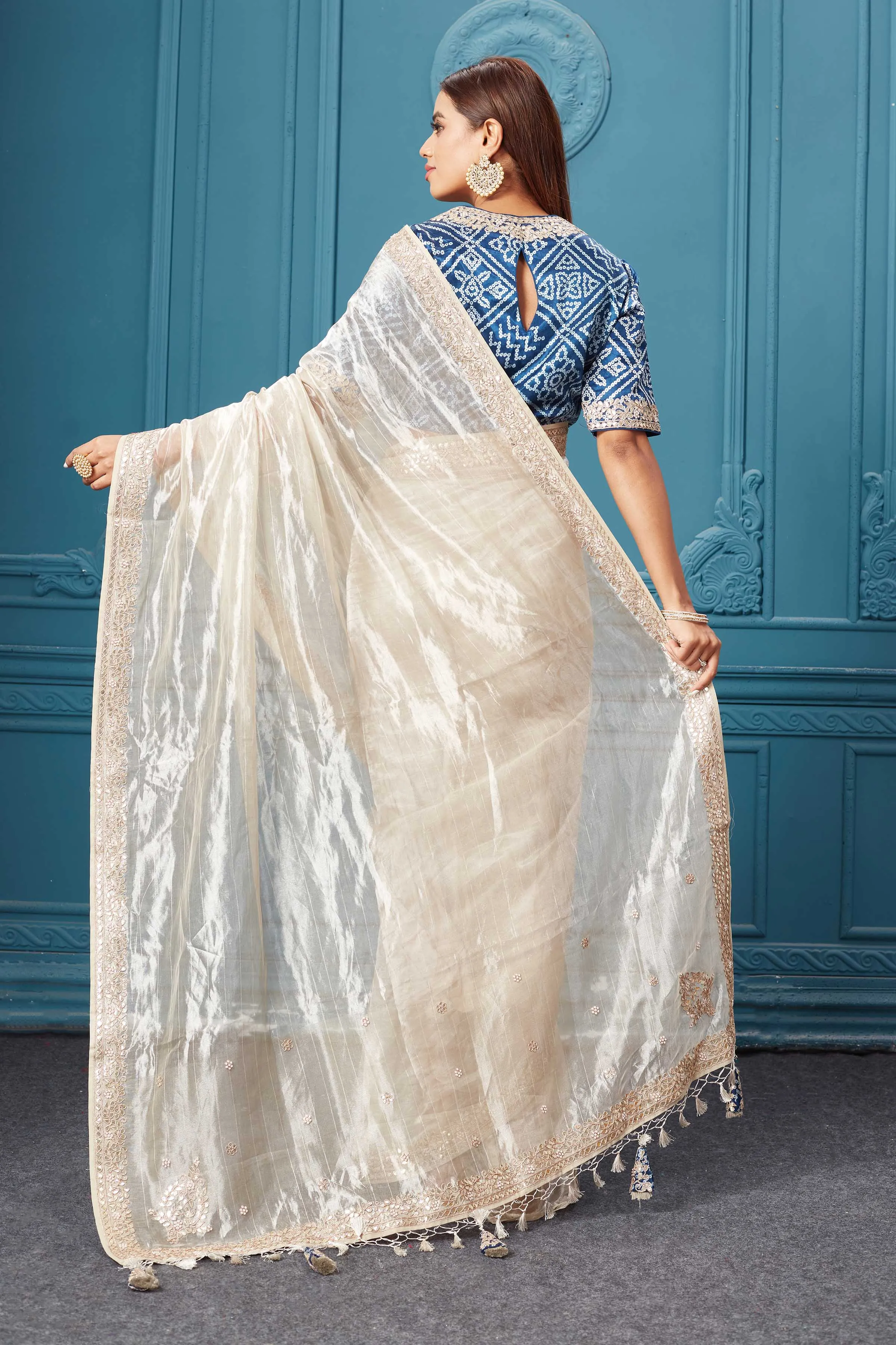 91A055 Silver Embroidered Tissue Kora Silk Saree with Blue Blouse