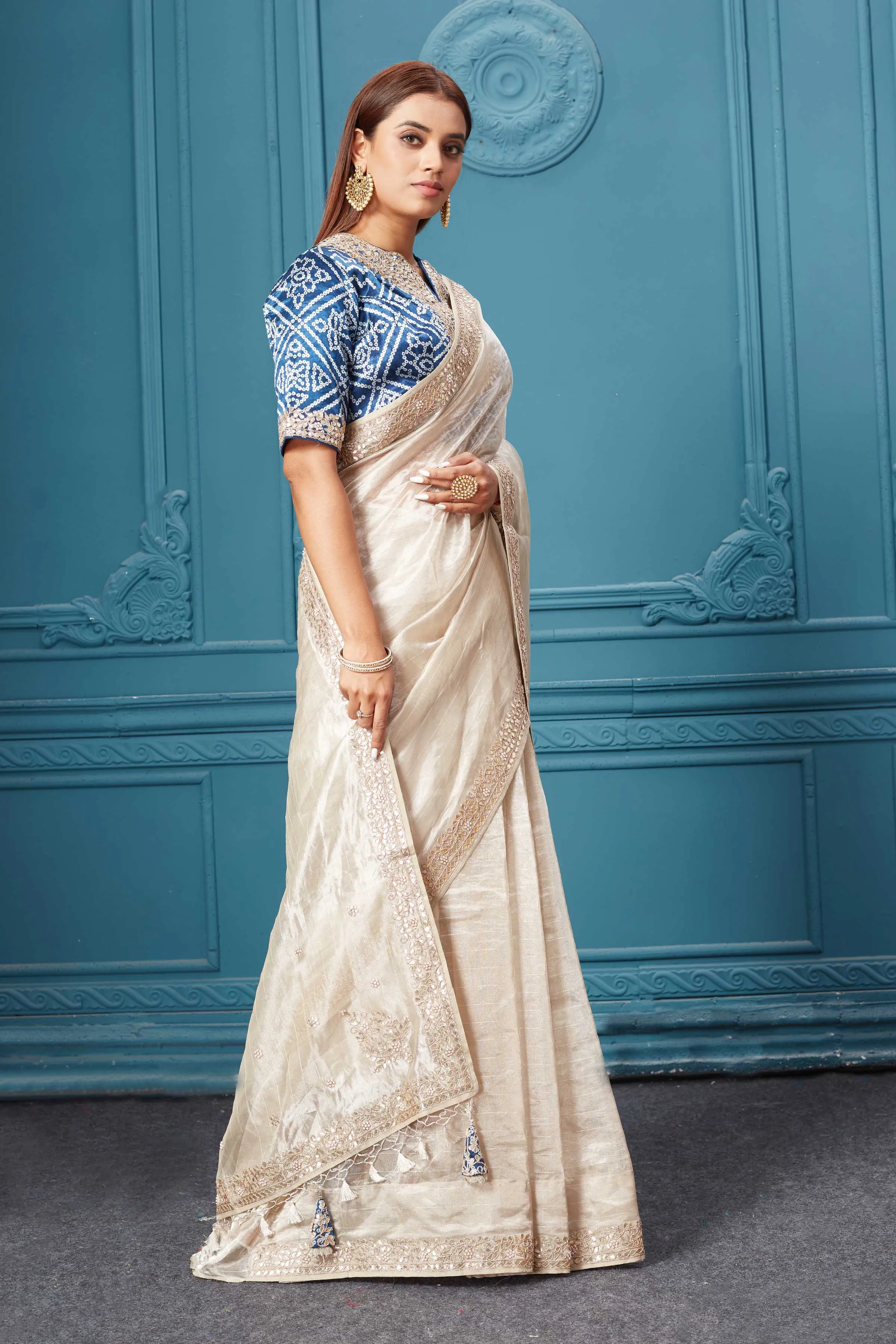 91A055 Silver Embroidered Tissue Kora Silk Saree with Blue Blouse