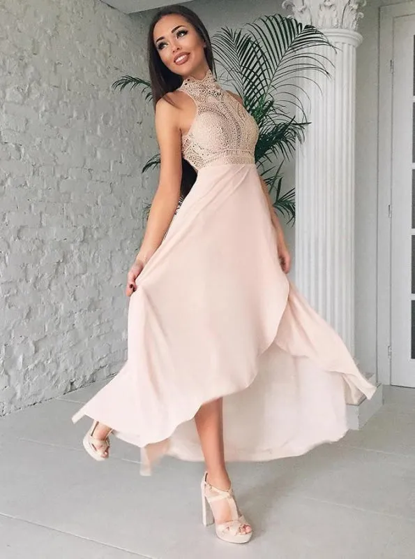 A-Line High Neck High Low Pink Long Bridesmaid Dress