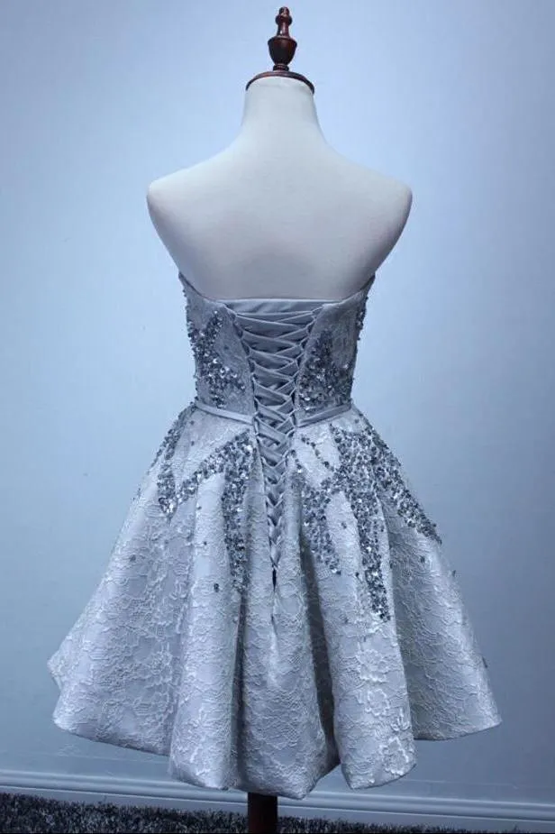 A Line Silver Strapless Mini Lace Shinny Sequin Lace up Appliques Homecoming Dresses