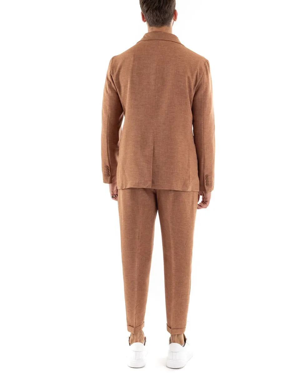 Abito Uomo Doppiopetto Vestito Viscosa Completo Giacca Pantaloni Camel Melangiato Elegante Cerimonia GIOSAL-OU2199A