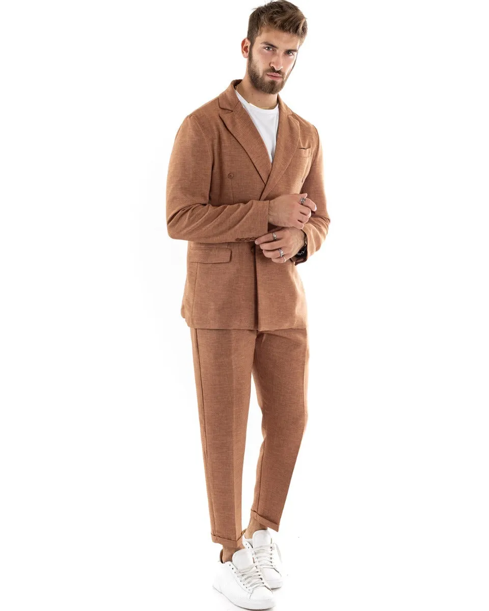 Abito Uomo Doppiopetto Vestito Viscosa Completo Giacca Pantaloni Camel Melangiato Elegante Cerimonia GIOSAL-OU2199A