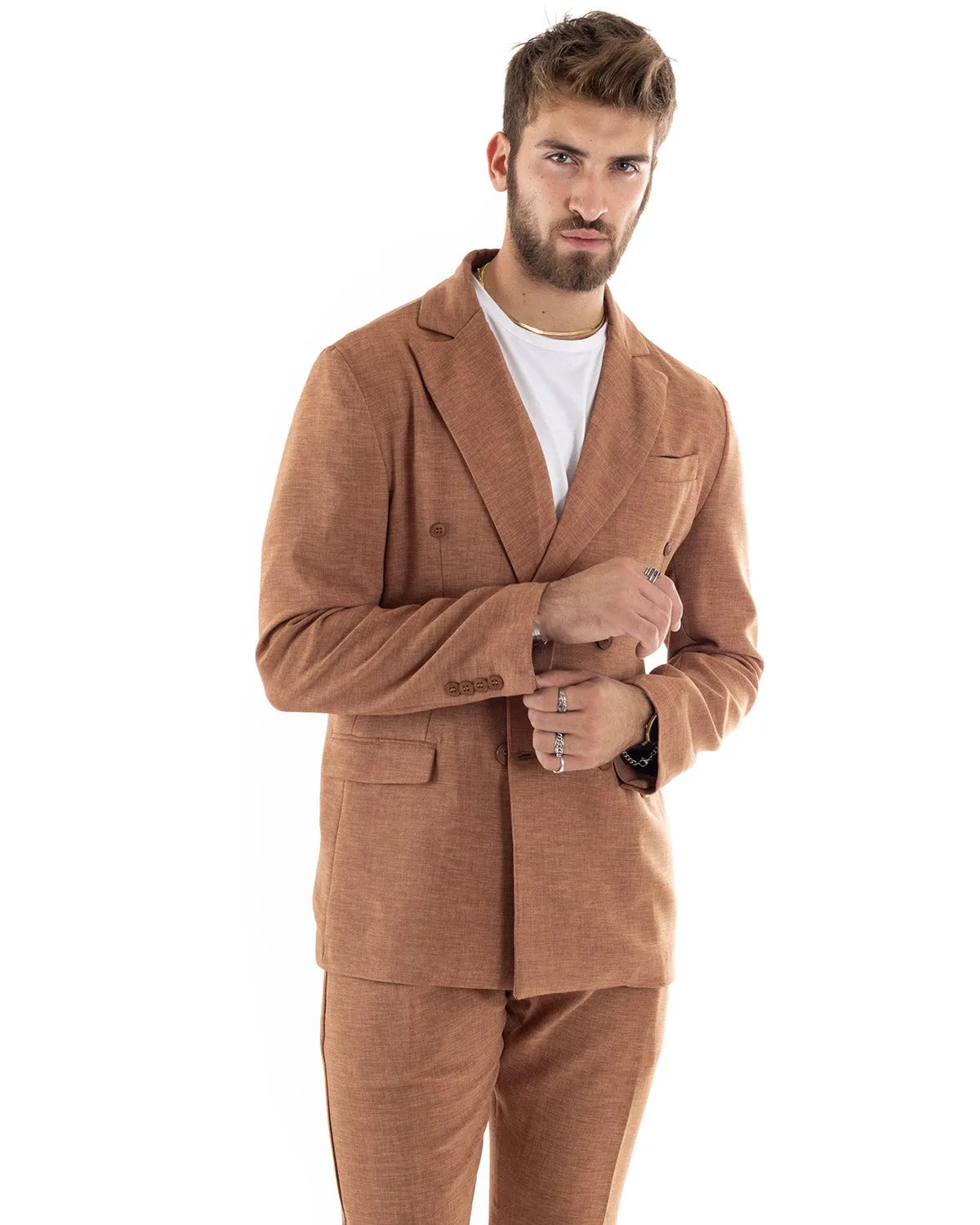 Abito Uomo Doppiopetto Vestito Viscosa Completo Giacca Pantaloni Camel Melangiato Elegante Cerimonia GIOSAL-OU2199A