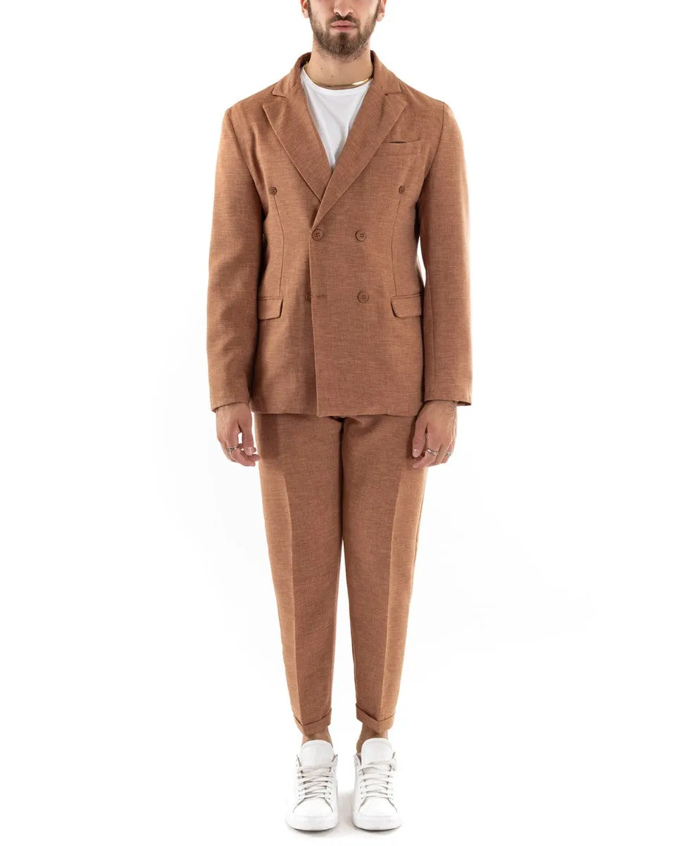 Abito Uomo Doppiopetto Vestito Viscosa Completo Giacca Pantaloni Camel Melangiato Elegante Cerimonia GIOSAL-OU2199A