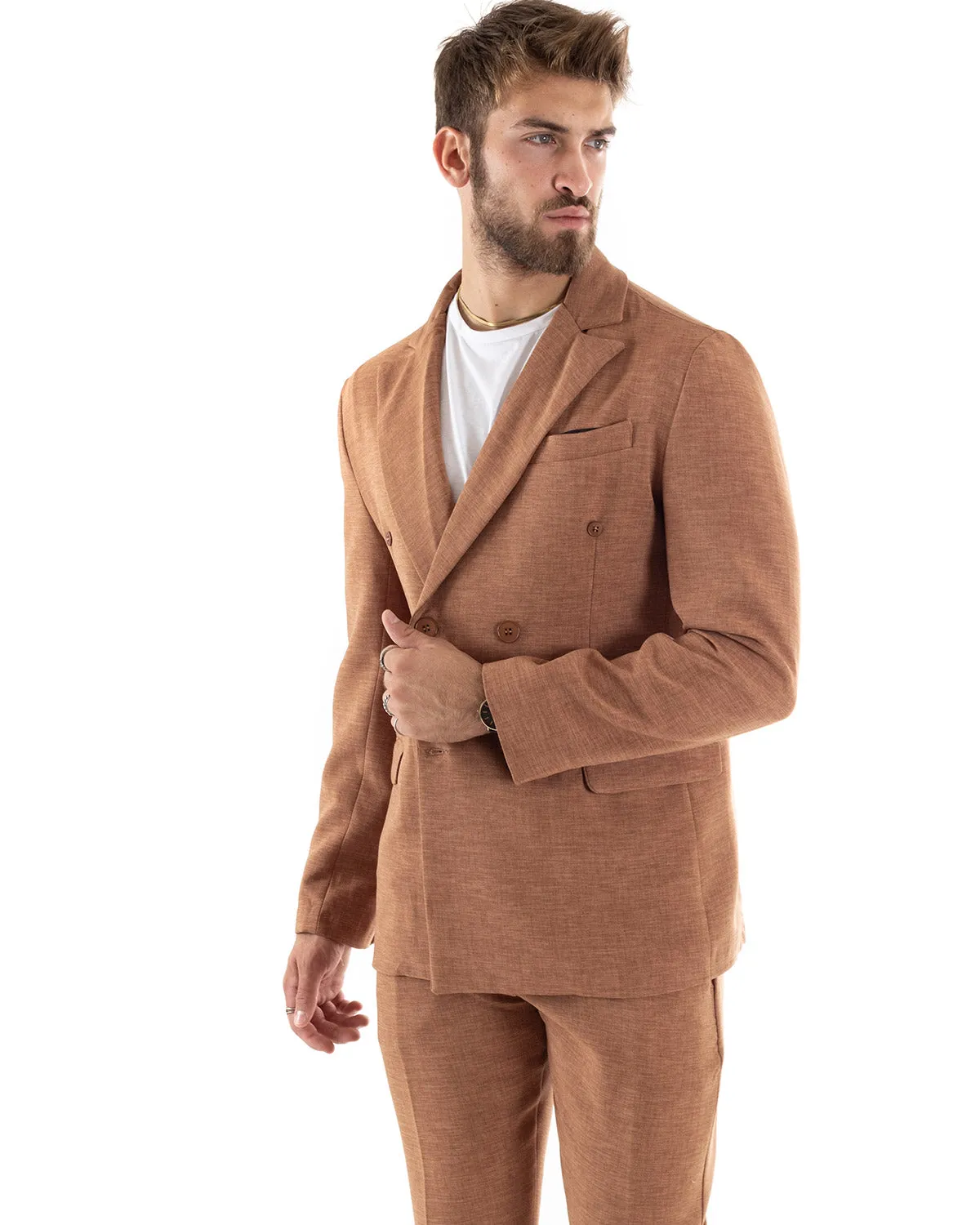 Abito Uomo Doppiopetto Vestito Viscosa Completo Giacca Pantaloni Camel Melangiato Elegante Cerimonia GIOSAL-OU2199A