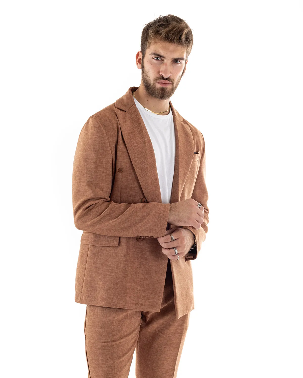 Abito Uomo Doppiopetto Vestito Viscosa Completo Giacca Pantaloni Camel Melangiato Elegante Cerimonia GIOSAL-OU2199A