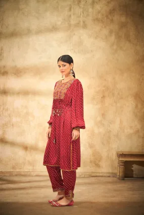 Aditi Somani's Beautiful Maroon Bandhej kurta set  - Rent