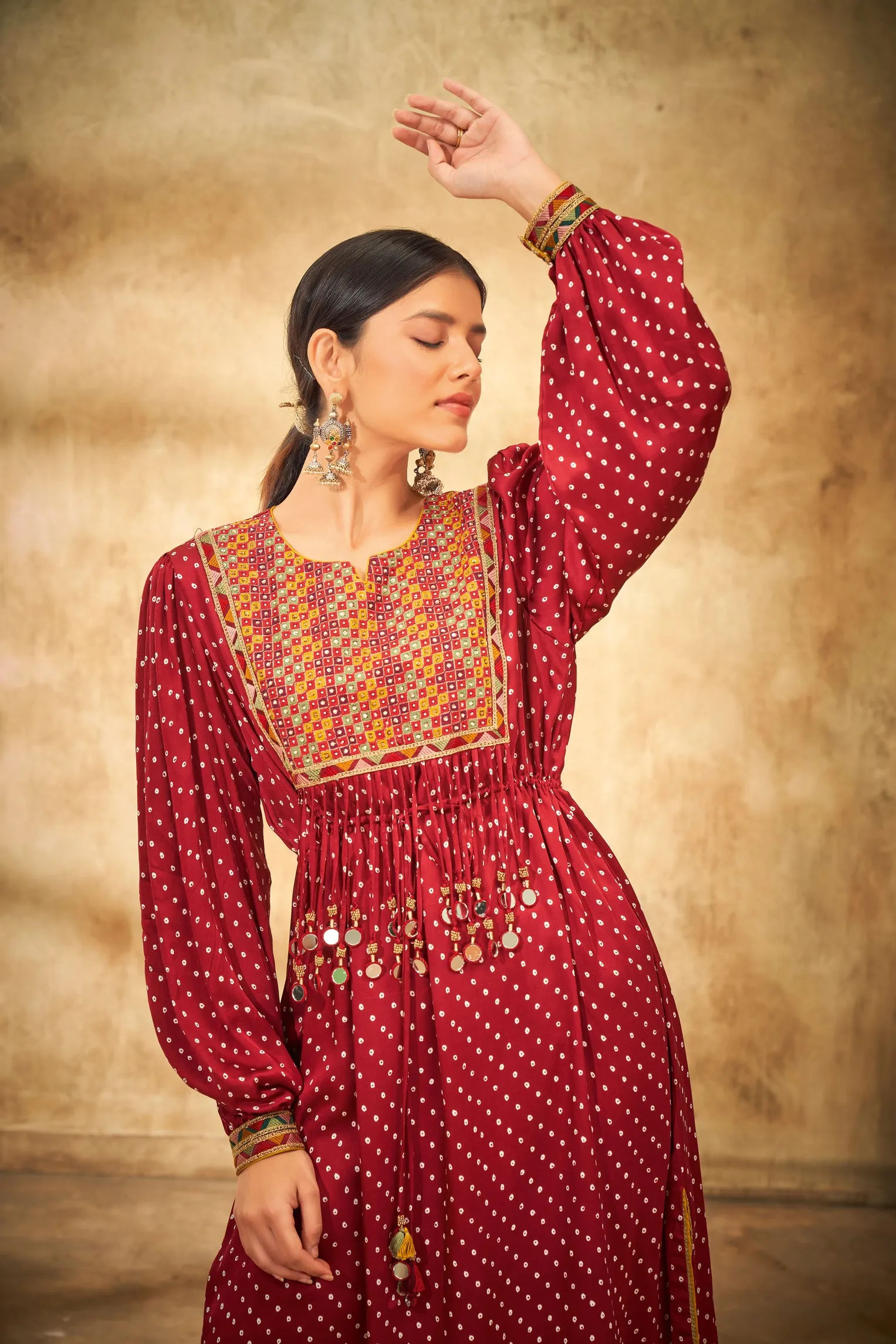 Aditi Somani's Beautiful Maroon Bandhej kurta set  - Rent