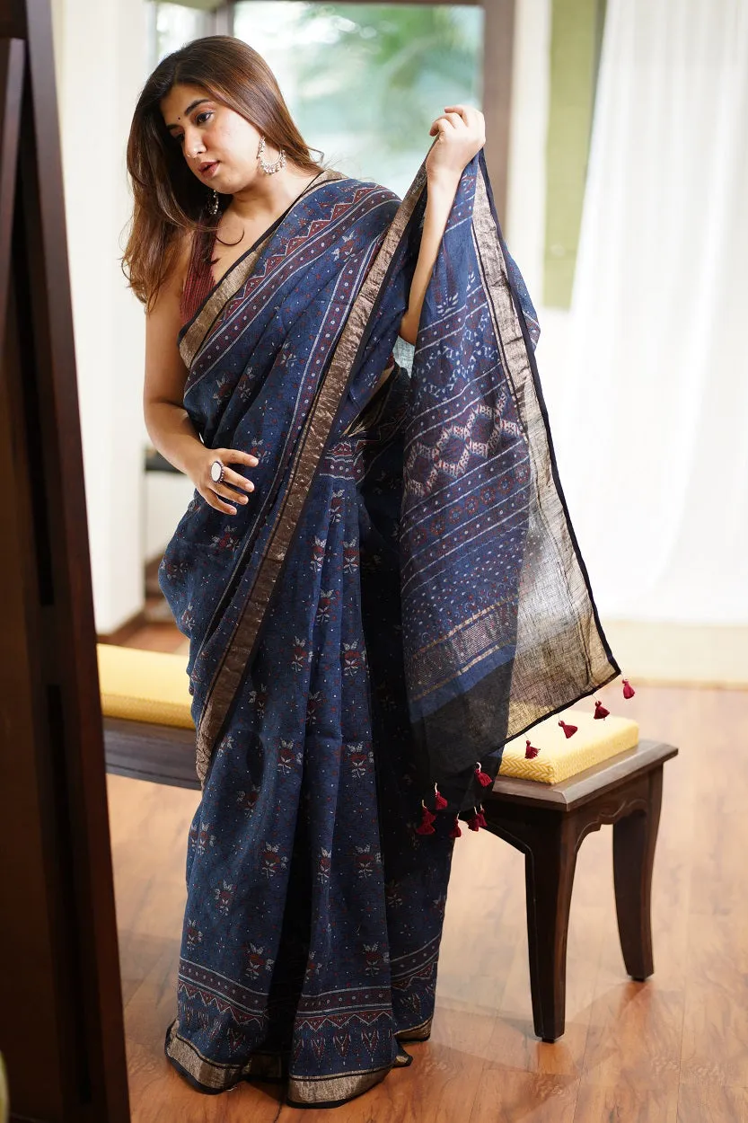 Ajrakh Hand Block Printed Linen Saree