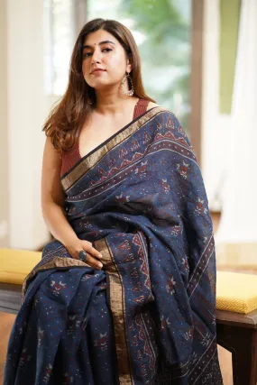 Ajrakh Hand Block Printed Linen Saree